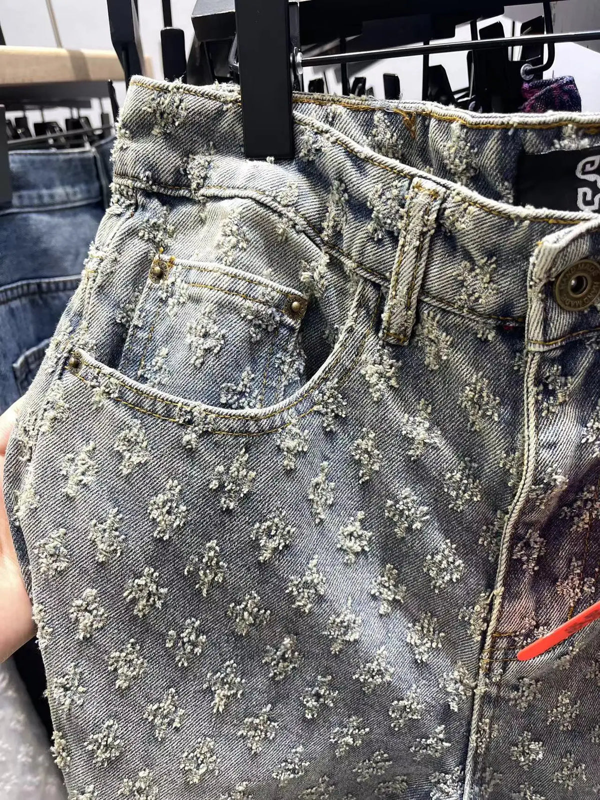 black personalized jeans mens jacquard pattern vintage embossed streetwear loose jeans mens pants straight loose bottoms mens ripped baggy denim