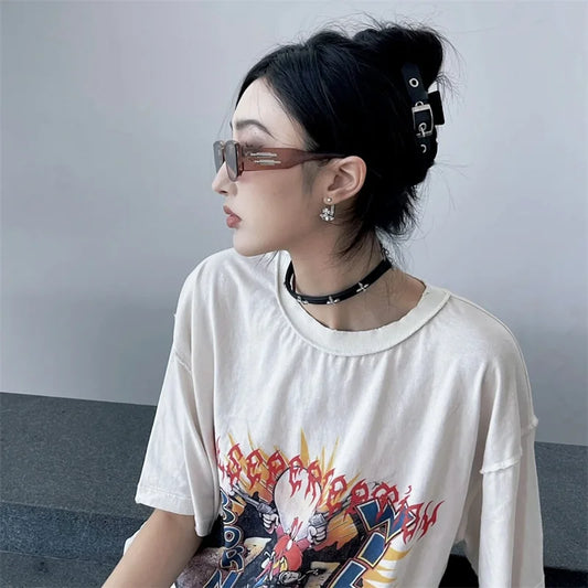 American Style Heavyweight Vintage T-shirts Oversize Short Sleeve Motorcycle Cartoon Print Explodes Muscle High Quality Tops Street King Limited