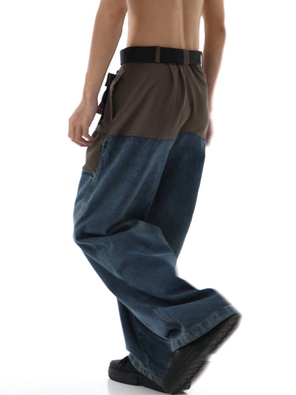 high street cargo pocket patchwork denim jeans pants unisex fashion loose wide leg straight functional tactics pants joggers men unique joggers style 743