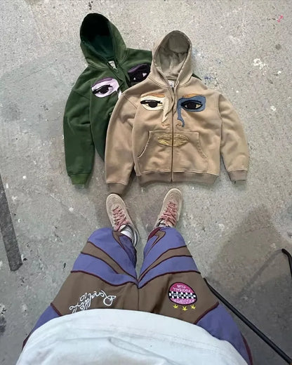 Fashionable Cartoon Embroidered Oversized Cardigan Jacket Women Y2k Harajuku Hip-hop Gothic Punk Casual Loose Zipper Hoodie Men Street King Limited