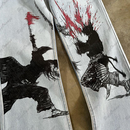 y2k medieval samurai print jeans vintage high street hip hop loose wide leg mens and womens trousers baggy jeans women denim street jeans