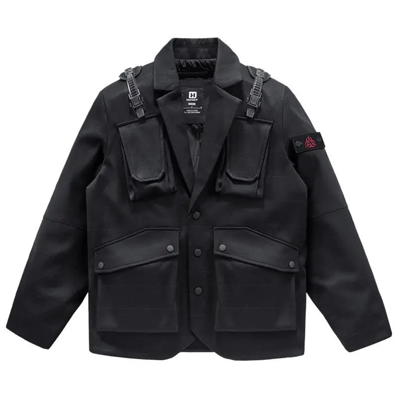 2024 new in workwear suit with multiple pockets jacket korean version motorcycle medium length jackets for men streetwear menswear bottoms