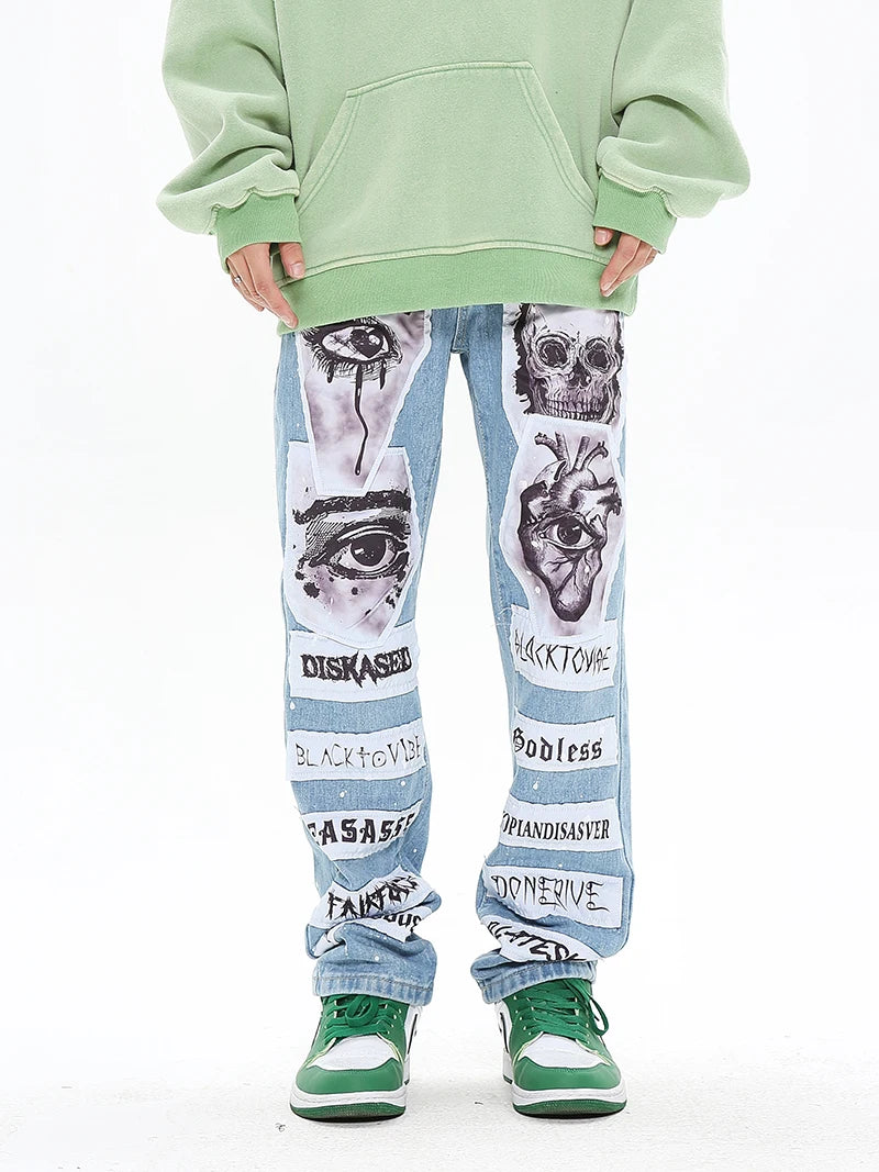 fashion skull graffiti patchwork denim jeans mens zipper jeans hip hop streetwear casual harajuku straight joggers jeans pants unique joggers style 5478