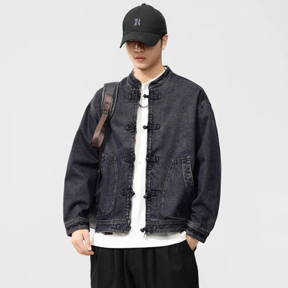 men spring autumn streetwear fashion retro loose casual plus size stand collar denim jacket man jeans coat outerwear unique jeans style 899
