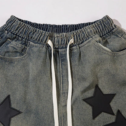 Men Baggy Jeans Star Printed Strap Design Denim Pants Harajuku Vintage Elastic Waist Oversized Casual Straight Trousers Unisex Street King Limited