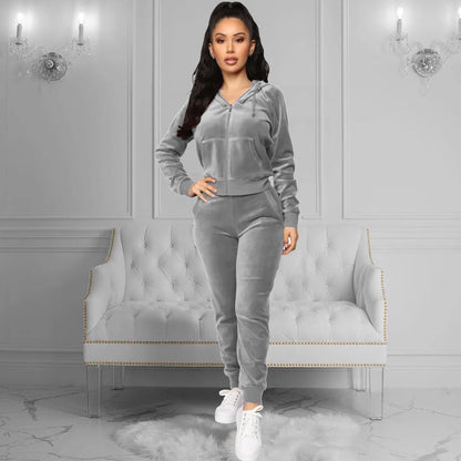 Women's Velvet Hooded Zipper Sweater Elastic Waist Trousers Two-piece Set Fashion Personality Trend Clothing Two-piece Slim Suit Street King Limited