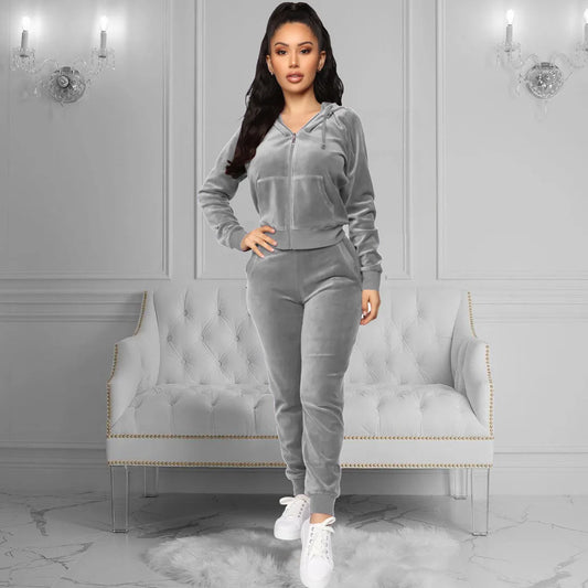 Women's Velvet Hooded Zipper Sweater Elastic Waist Trousers Two-piece Set Fashion Personality Trend Clothing Two-piece Slim Suit Street King Limited