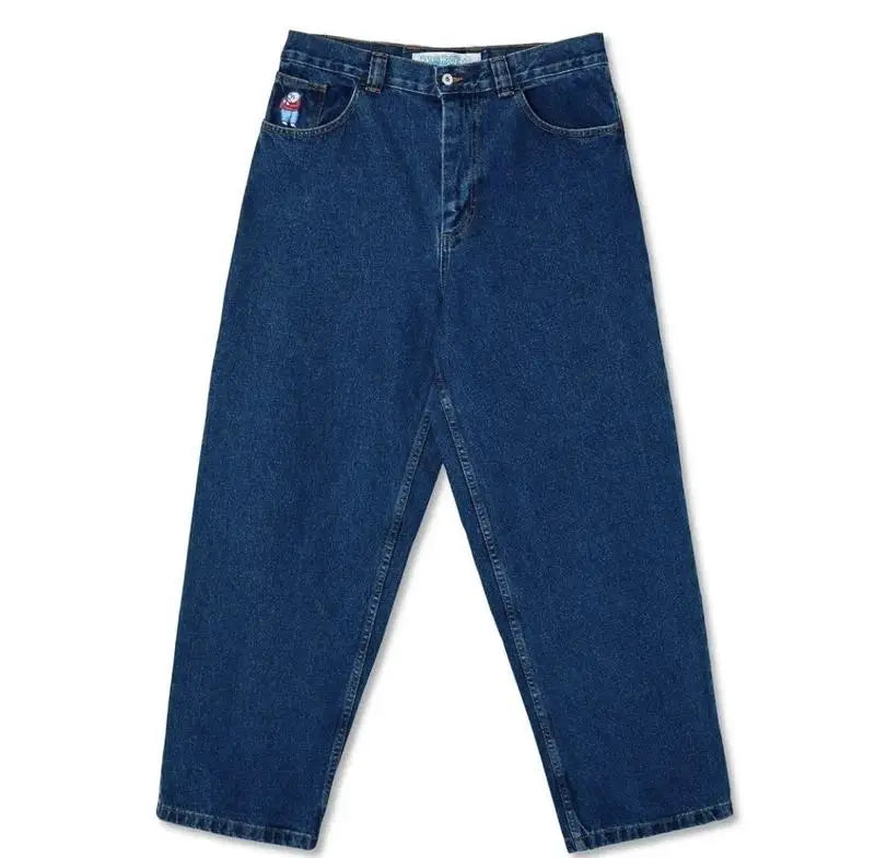 retro deep blue polar big boy baggy jeans mens women gothic wide leg trouser y2k hip hop cartoon embroidery streetwear jeans unique jeans style 3889