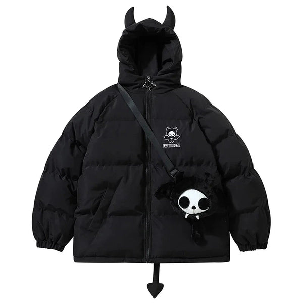 Mens Warm Down Jackets Trendy Little Devil Padded Parkas Horns Wing Tail Hooded Coat Hip Hop Zipper Streetwear Unisex Street King Limited