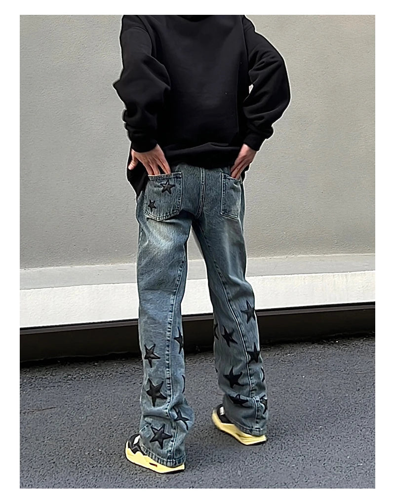 mens high street stars embroidery denim jean pants casual loose straight jeans hip hop y2k unisex pants streetwear joggers unique joggers style 2919