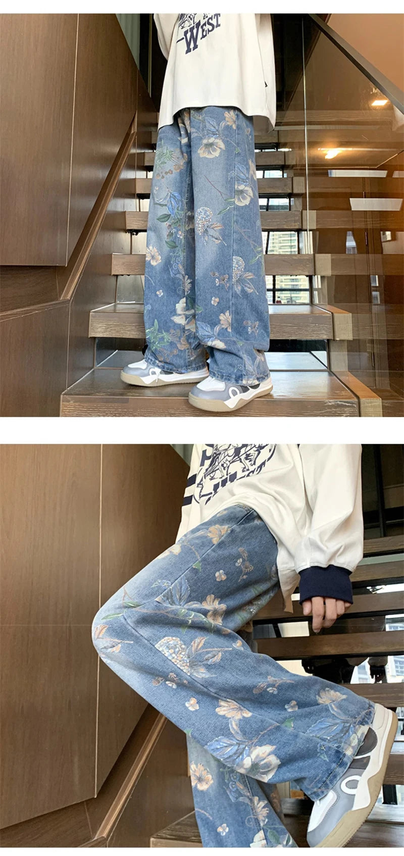 american high street floral printed jeans for men 2024 new y2k vintage denim trousers hip hop fashion wide leg baggy jean pants unique jeans style 400