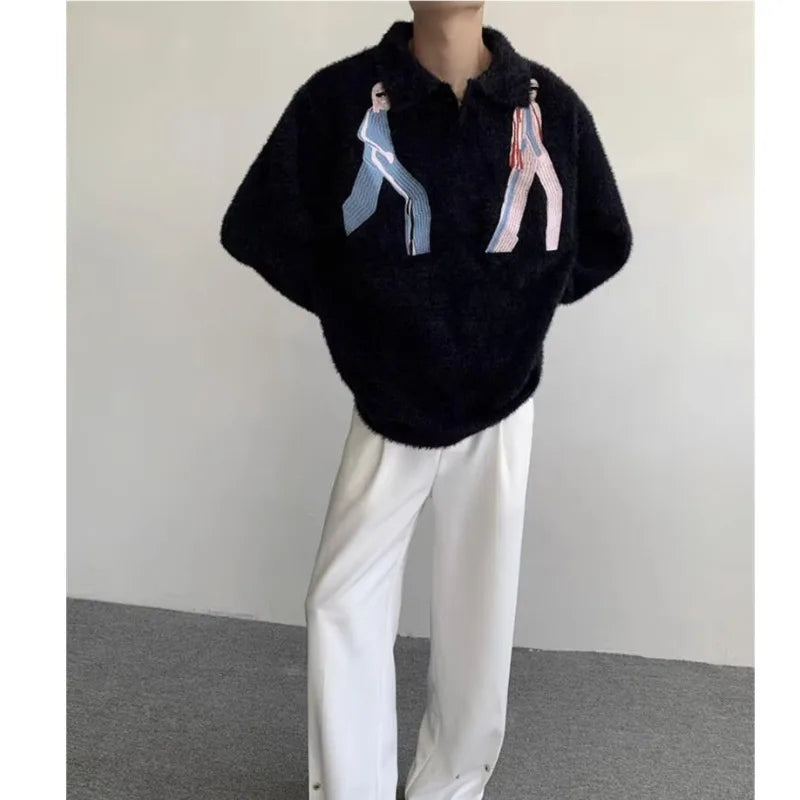 Korean Embroidery Lapel Sweater Mens Spring Street Trends Soft Seahorse Hair Loose Pullover Thickening Y2K Couple Knitwear New Street King Limited