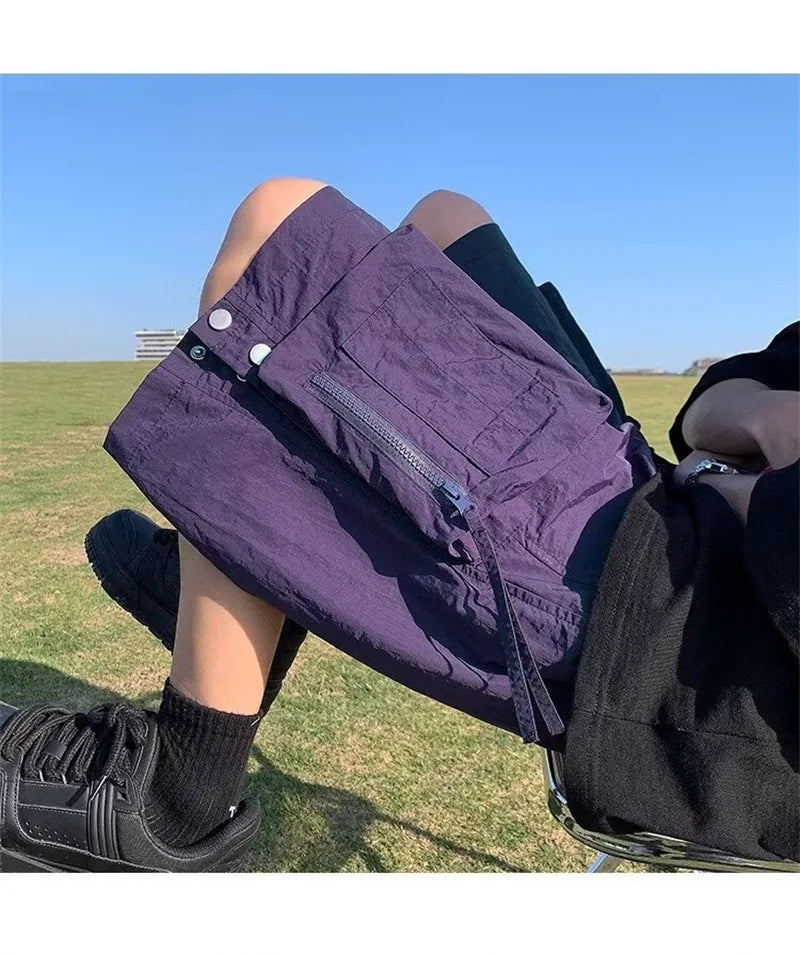 summer casual purple cargo shorts men high street drawstring pocket baggy short sweatpants y2k hip hop bermudas homme shorts unique joggers style 166