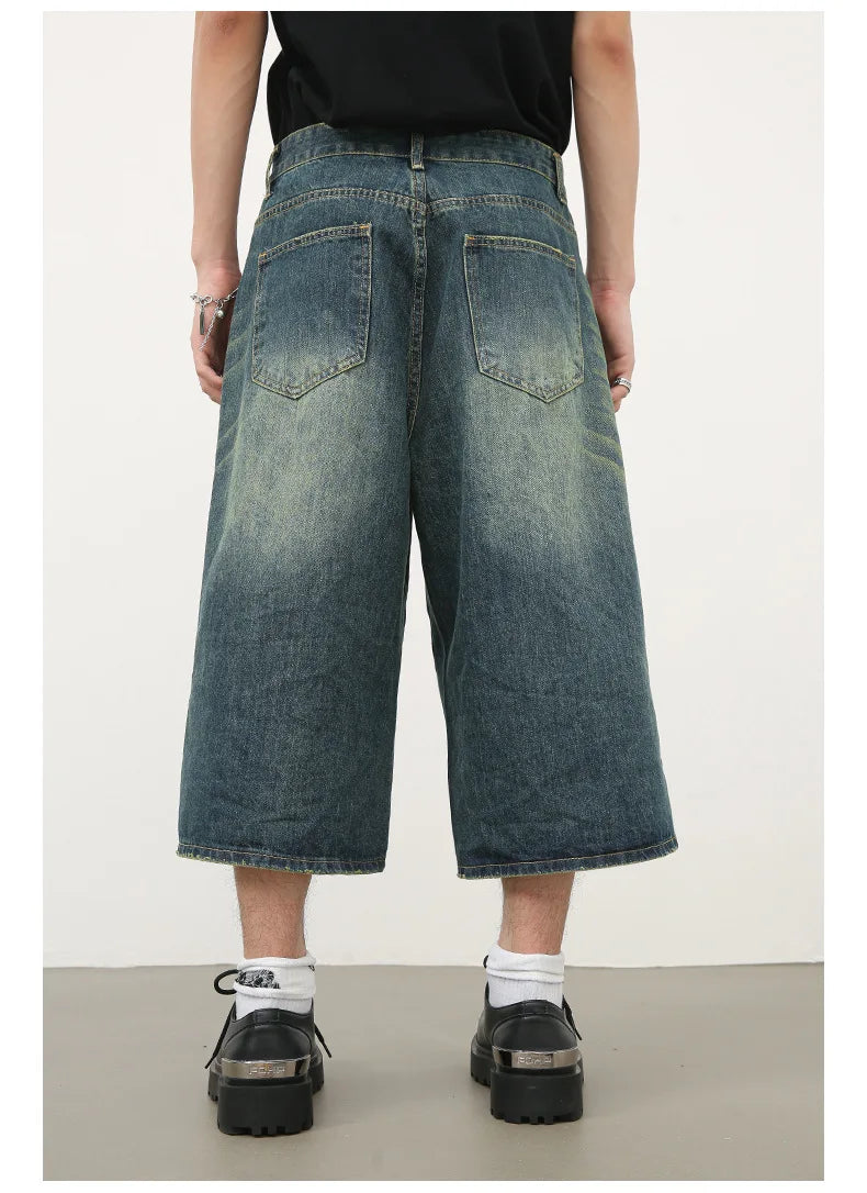 men summer streetwear fashion loose casual wide leg denim calf length jeans pants male vintage jeans baggy hosen pants unique jeans style 1476
