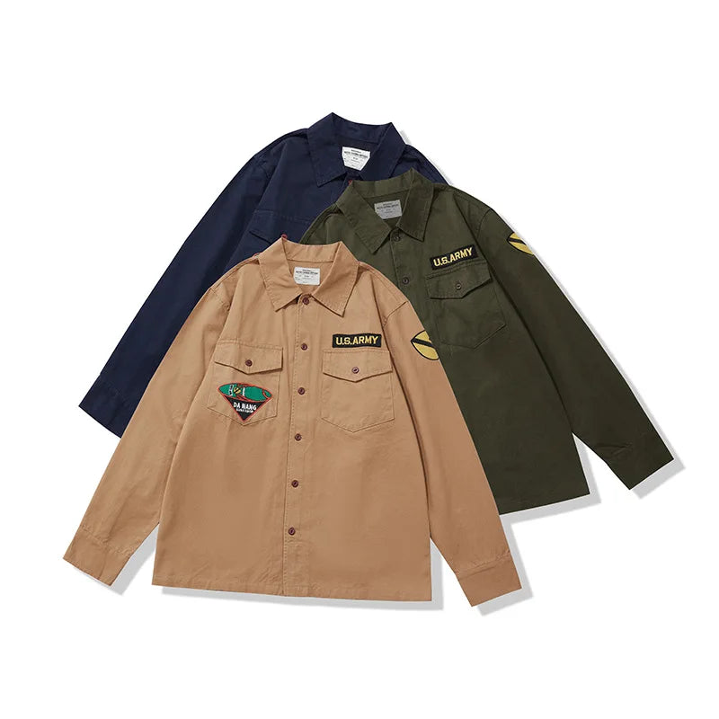 Amekaji Vintage Embroidered Long Sleeve Tooling Shirt Men Spring Autumn New Workwear Lapel Multi-pocket Cargo Shirt Cardigan Top Street King Limited