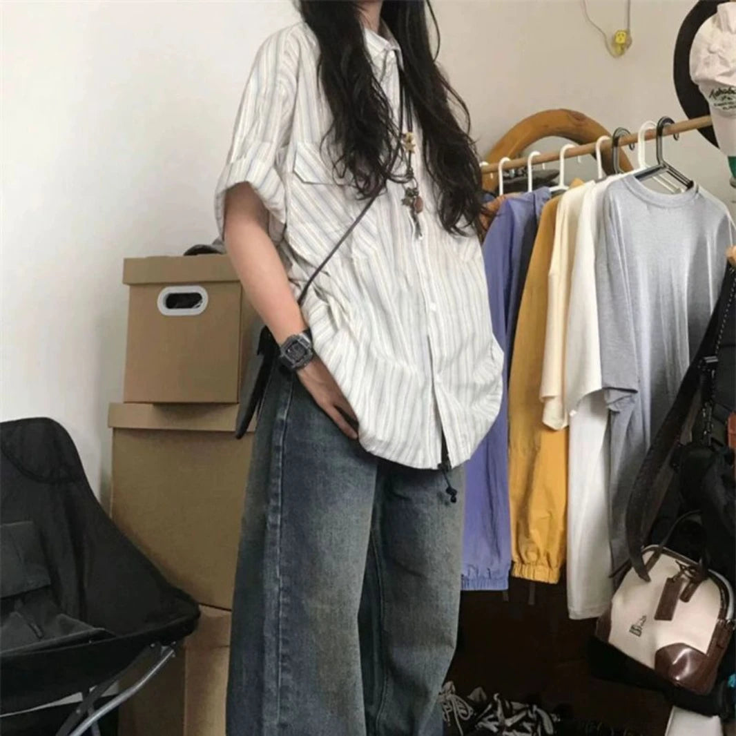 Korean Retro Blue Striped Short-sleeved Shirt for Women Summer 2024 New Niche Design Y2K Loose Half-sleeved Shirt Tops Street King Limited