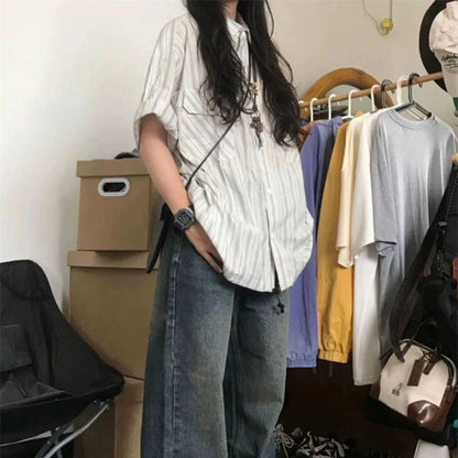 Korean Retro Blue Striped Short-sleeved Shirt for Women Summer 2024 New Niche Design Y2K Loose Half-sleeved Shirt Tops Street King Limited