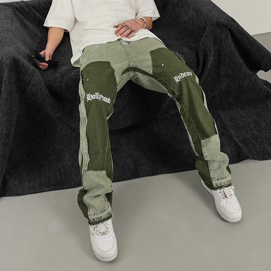 vintage distressed graffiti mens flared denim jean hip hop splash ink colorblocked y2k street wear casual slim fit jean man pant stacked flare jeans