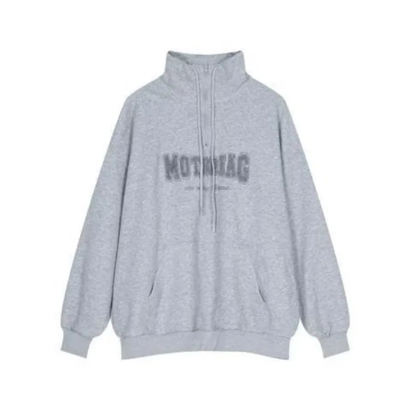 Street Half Zip Hoodie Mens Spring New Vintage Letter Embroidery Loose Sweatshirt Drawstring High Collar Big Pocket Pullover Top Street King Limited