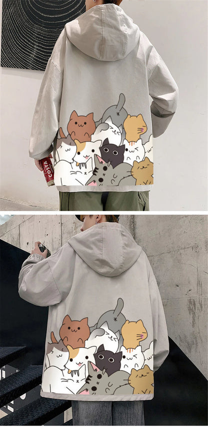 Black Cat Print Baseball Jacket Boys Long Sleeve Loose Ins Harajuku High Street Tops Streetwear Gothic Gray Bomber Jacket Men Street King Limited