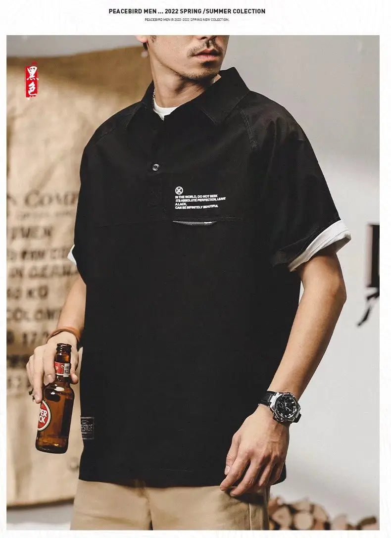 American Vintage Short-Sleeved T-Shirt Men's Summer Vintage Workwear Polo Shirt Loose And Versatile Five-Quarter Sleeve Top Street King Limited