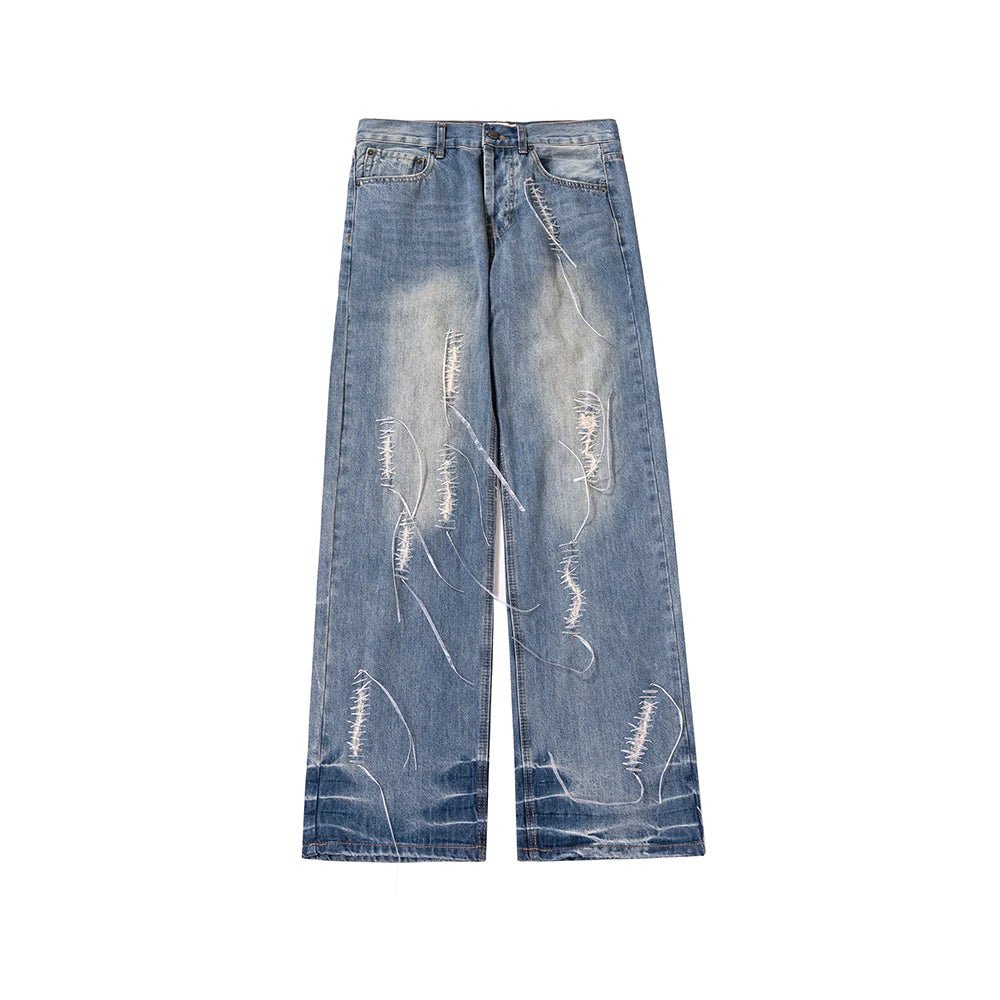 2023 new straw tassel design ripped hole loose denim trousers mens streetwear straight y2k pantalones hombre baggy jeans denim street jeans