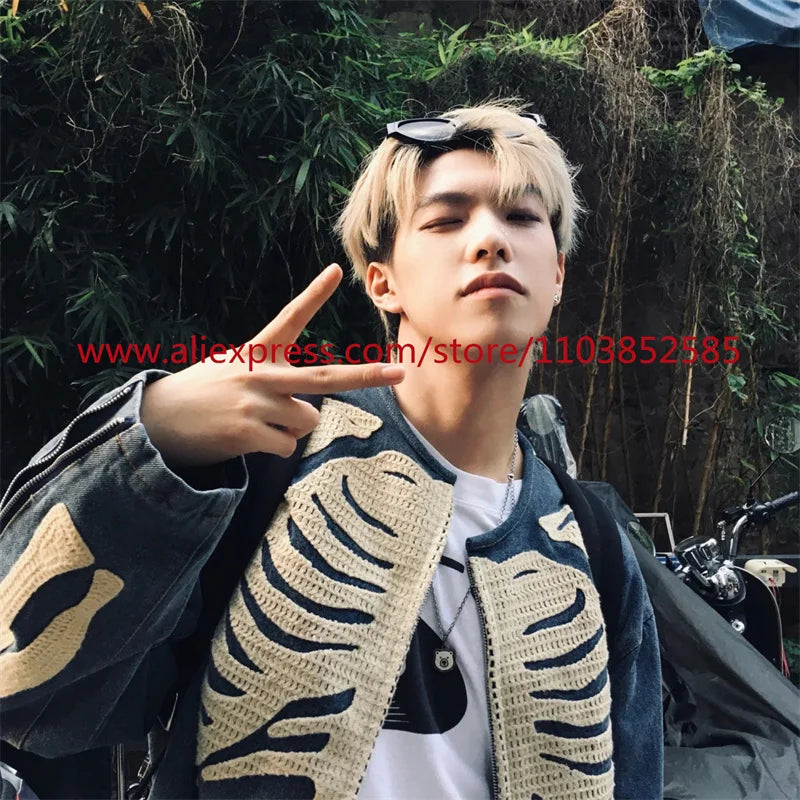 vintage mens long sleeved denim jacket high street oversized washed bone embedding tops clothing autumn winter 2024 heavyweight urban skinny jeans