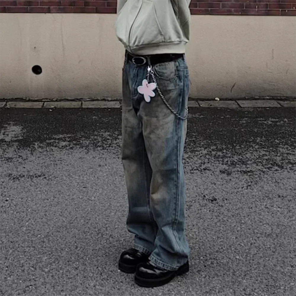 handmade distressed mud dyed dirty baggy blue jeans for men straight baggy casual overalls harajuku loose denim trousers ripped baggy denim