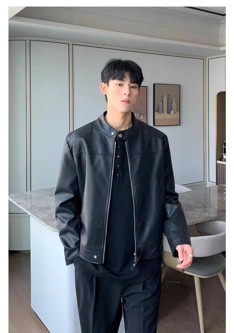 retro american street leather jacket mens autumn 2024 motorcycle standing collar trendy short coat zipper loose bomber outwear unique shorts style 2662