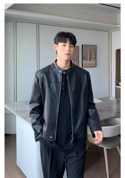 retro american street leather jacket mens autumn 2024 motorcycle standing collar trendy short coat zipper loose bomber outwear unique shorts style 2662