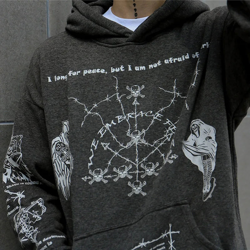 2023 Hip Hop Hoodie Sweatshirt Men Streetwear Skull Graffiti Print Hoodie Pullover Cotton Autumn Grey Harajuku Punk Clothes New Street King Limited