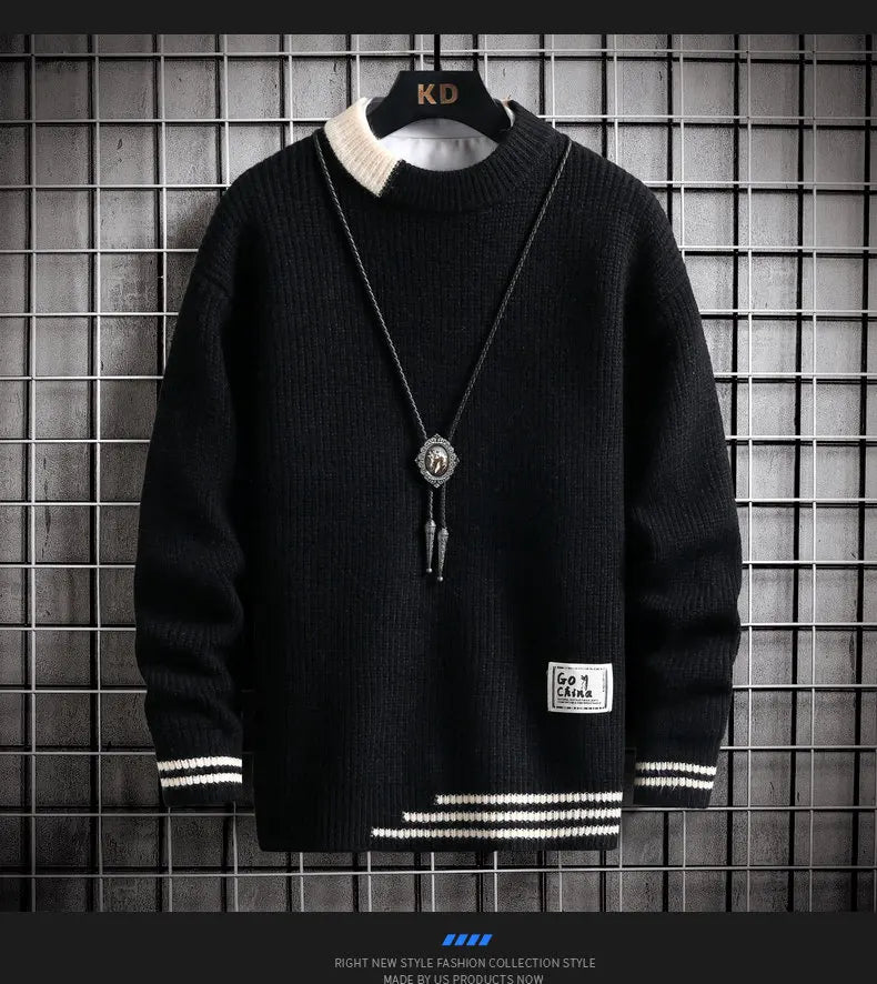 Autumn Winter Men Sweater Warm Top New Fashion Stitching Color Matching Pullover Round Neck Sweater Thickened Knitted Sweater Street King Limited