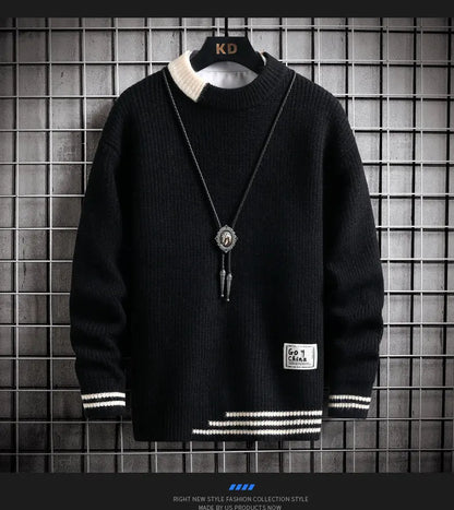 Autumn Winter Men Sweater Warm Top New Fashion Stitching Color Matching Pullover Round Neck Sweater Thickened Knitted Sweater Street King Limited