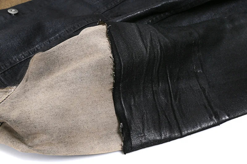 new 2023 gentleman men rick patchworked waxed deconstructed denim heavy baseball coats jackets abstract digital coat warm 719 unique jeans style 4057