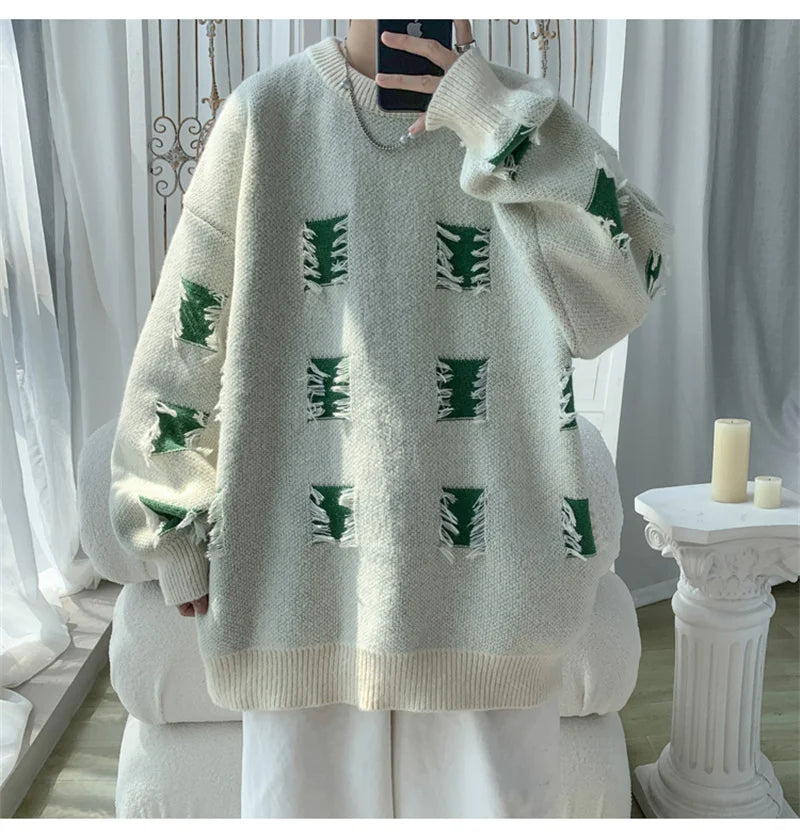 2025 New Ripped Design Crewneck Sweater For Men High Street Patchwork Knitted Jumpers Y2K Vintage Christmas Knitwear Pullovers Street King Limited