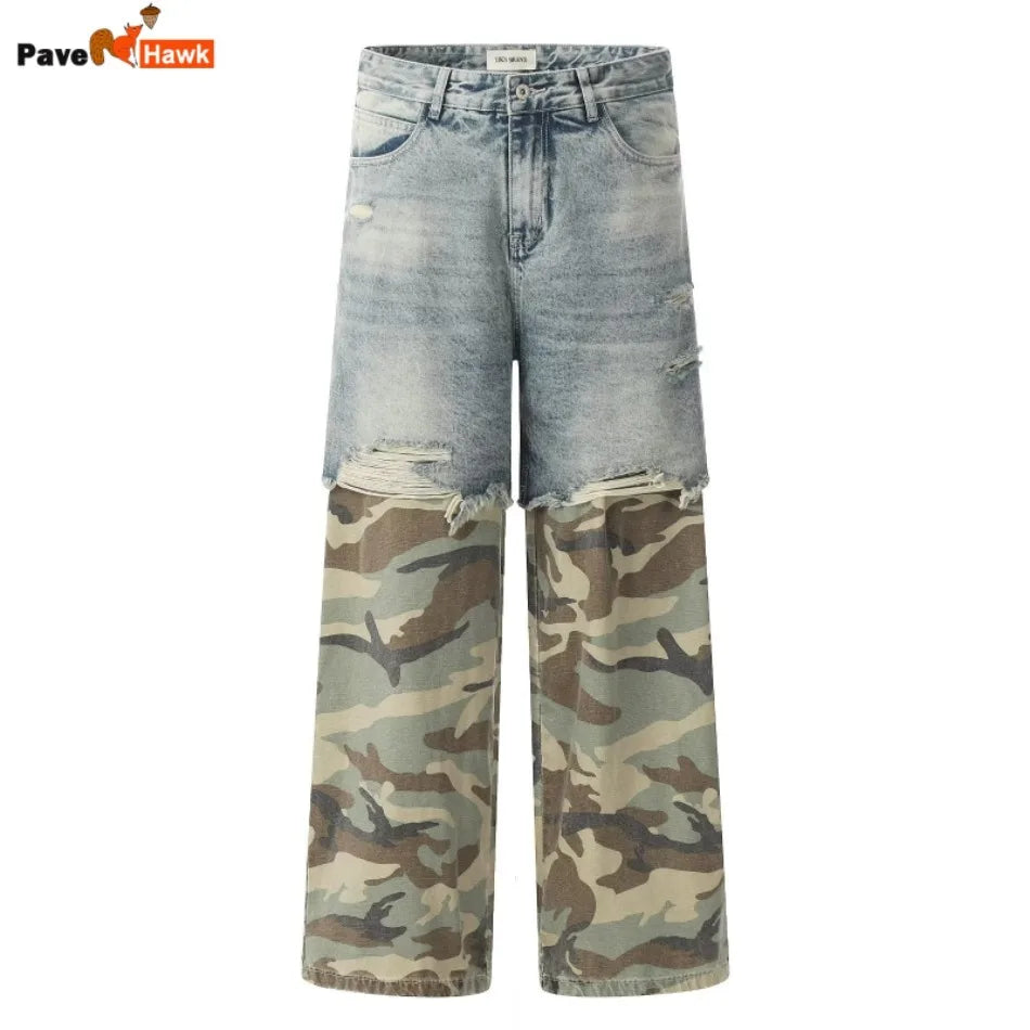 Camouflage Patchwork Jeans Mens Fake Two Items Street Punk Unisex Denim Pants Multiple Pockets Blue Size S-3XL Cowboy Trousers Street King Limited