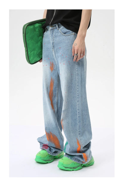 vintage graffiti baggy jeans mens streetwear hip hop loose blue denim pants hi street luxury designer jeans trousers man unique jeans style 43