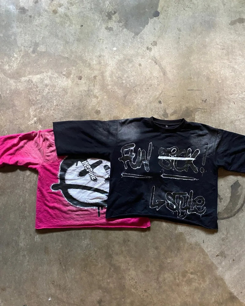 2024 American new Y2k top High street Harajuku style letter print short sleeve men retro trend brand style cut oversized shirt Street King Limited