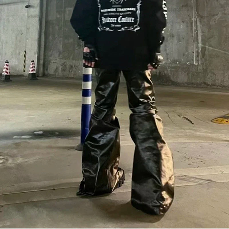 high street wide leg glossy pu leather pants sashes boot cut men and wome straight baggy casual jeans oversized flared trousers vintage washed jeans