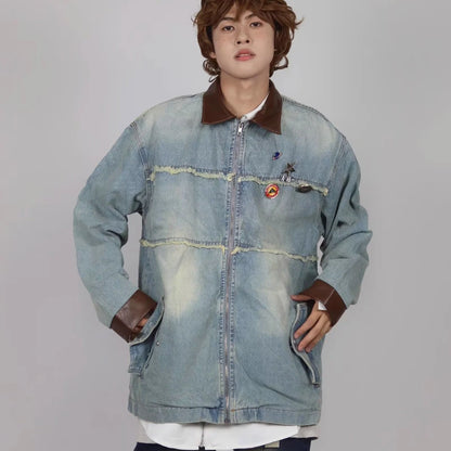 burr edge vintage mens denim jacket spring american patchwork lapel washed cowboy coats loose harajuku couple outwear new urban skinny jeans