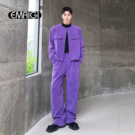men 2 pieces sets corduroy short jacket wide leg pant suits korean streetwear fashion loose casual retro coat baggy trousers techwear shorts