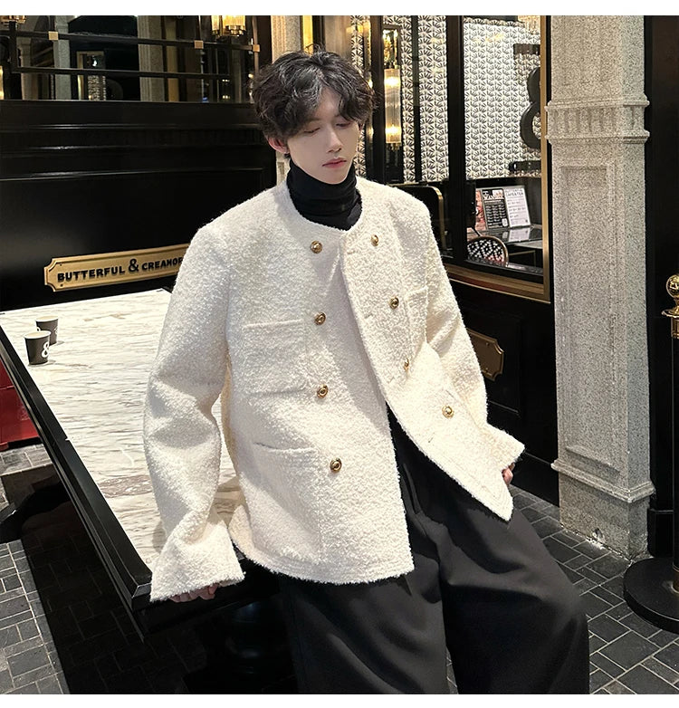 men french fashion retro double breasted woolen loose casual short jacket man autumn winter korean streetwear thicken coat top unique shorts style 1431