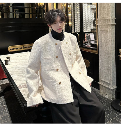 men french fashion retro double breasted woolen loose casual short jacket man autumn winter korean streetwear thicken coat top unique shorts style 1431