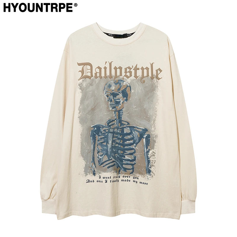 Harajuku Skull Skeleton Printed O-neck T-shirt Men Hip Hop Oversized Tshirt Fashion Unisex Casual Cotton Long Sleeve Tops Tees Street King Limited