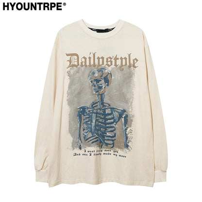 Harajuku Skull Skeleton Printed O-neck T-shirt Men Hip Hop Oversized Tshirt Fashion Unisex Casual Cotton Long Sleeve Tops Tees Street King Limited