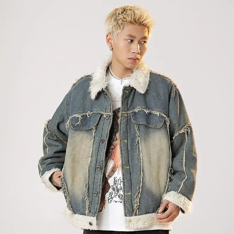 Men's Winter Washed Denim Jacket American Vintage Plush Lapel Parka Thickened Oversized Down Jacket Versatile Trendy Warm Coat Street King Limited