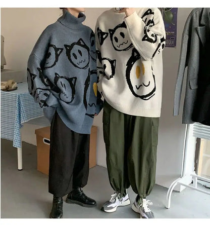 Korean literature art turtleneck sweater men autumn winter lazy style knitted sweater cartoon devil print wool clothes pullovers Street King Limited