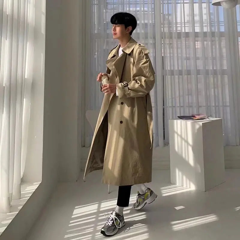 Khaki Black Trench Coat Men Fashion Autumn Oversized Long Coat Men Korean Loose Windbreaker Jacket Mens Overcoat M-2XL Street King Limited