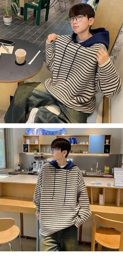 Y2K Striped hooded sweater for men and women autumn and winter American retro trend couple lazy loose and casual knitted top Street King Limited