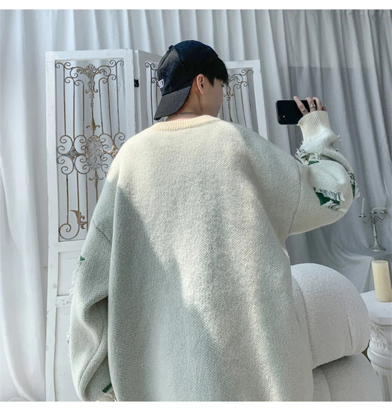 2025 New Ripped Design Crewneck Sweater For Men High Street Patchwork Knitted Jumpers Y2K Vintage Christmas Knitwear Pullovers Street King Limited